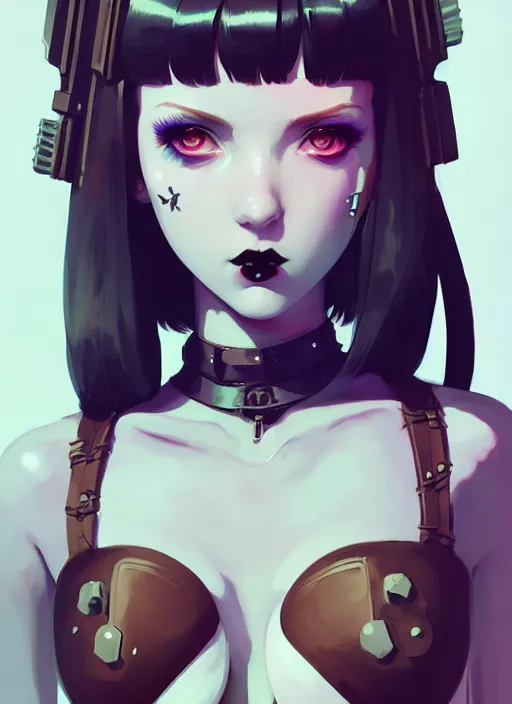Image similar to portrait of cute goth maiden girl in cyber bikini armor, face by ilya kuvshinov, warhammer, cyberpunk, by atey ghailan, by greg rutkowski, by greg tocchini, by james gilleard, by joe fenton, by kaethe butcher, dynamic lighting, gradient light blue, brown, blonde cream and white color in scheme, grunge aesthetic