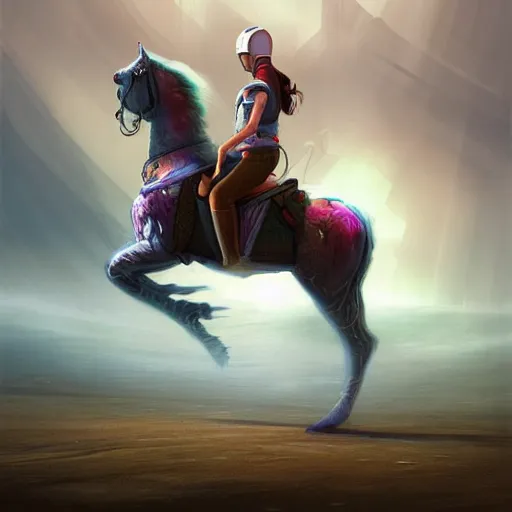 Prompt: a painting of a person riding a horse on a road, concept art by chris labrooy, cgsociety, retrofuturism, sci - fi, concept art, futuristic