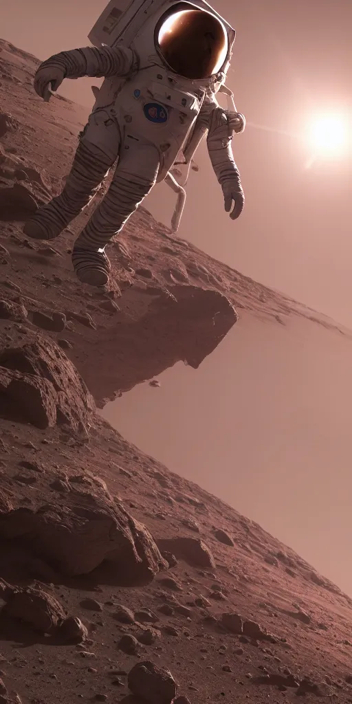 Image similar to concept art, a american astronaut with new lightweight spacesuit, landing on mars, musk's mars immigration program, cyberpunk, backlight, epic, high detail, 8 k, octane rendering, unreal engine.