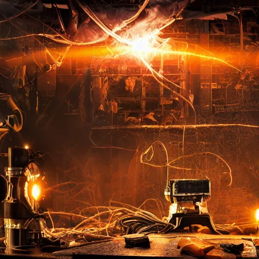 Image similar to overcharging blender, tangles of metallic cables, dark messy smoke - filled cluttered workshop, dark, dramatic lighting, orange tint, sparks, plasma charges, cinematic, highly detailed, sci - fi, futuristic, movie still