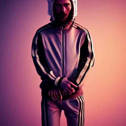 Image similar to Colour aesthetic Caravaggio style full body Photography of Highly detailed gopnik with 1000 year old detailed face, wearing Adidas sport suit and wearing highly detailed retrofuturistic sci-fi Neural interface designed by Hiromasa Ogura . In style of Josan Gonzalez and Mike Winkelmann and andgreg rutkowski and alphonse muchaand and Caspar David Friedrich and Stephen Hickman and James Gurney and Hiromasa Ogura. Rendered in Blender and Octane Render volumetric natural light