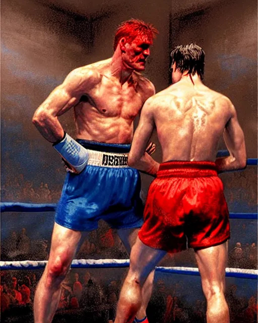 Prompt: michael fassbender in blue boxing shorts boxing dolph lundgren in red boxing shorts, spotlight shines on their sweaty skin, scene from the movie rocky, matte painting by gaston bussiere, craig mullins, j. c. leyendecker
