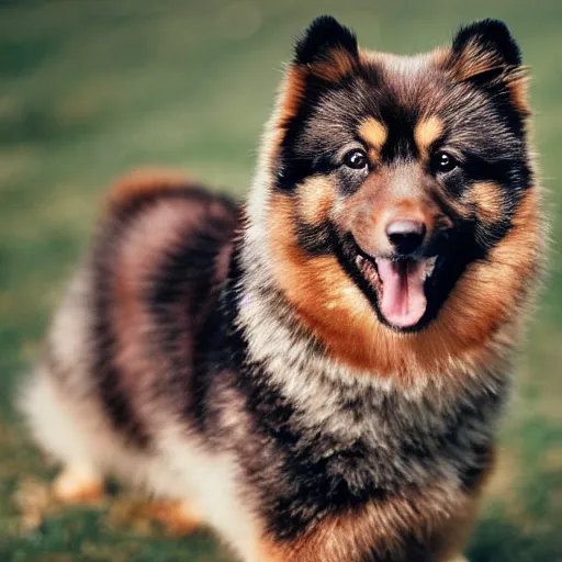 Prompt: excited brown and tan domino finnish lapphund, 35mm photograph