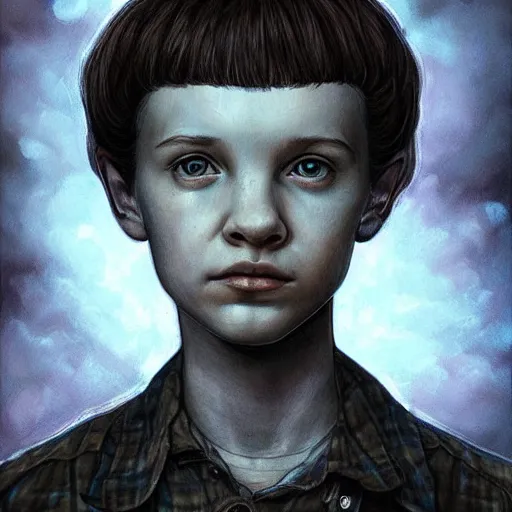 Image similar to portrait of Eleven from the stranger things by (((Marco Mazzoni ))) marco mazzoni ,dark ,detailed!! ,(((flowers on hair))) ,portrait,