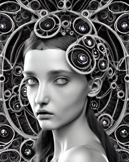 Image similar to mythical dreamy black and white organic bio - mechanical spinal ribbed profile face portrait detail of translucent steampunk beautiful female angelic - human - queen - vegetal - cyborg, highly detailed, intricate crystal ivy jelly ornate, poetic, translucent roses ornate, 3 d render, digital art, octane render, 8 k artistic photography, photo - realistic, by dora maar