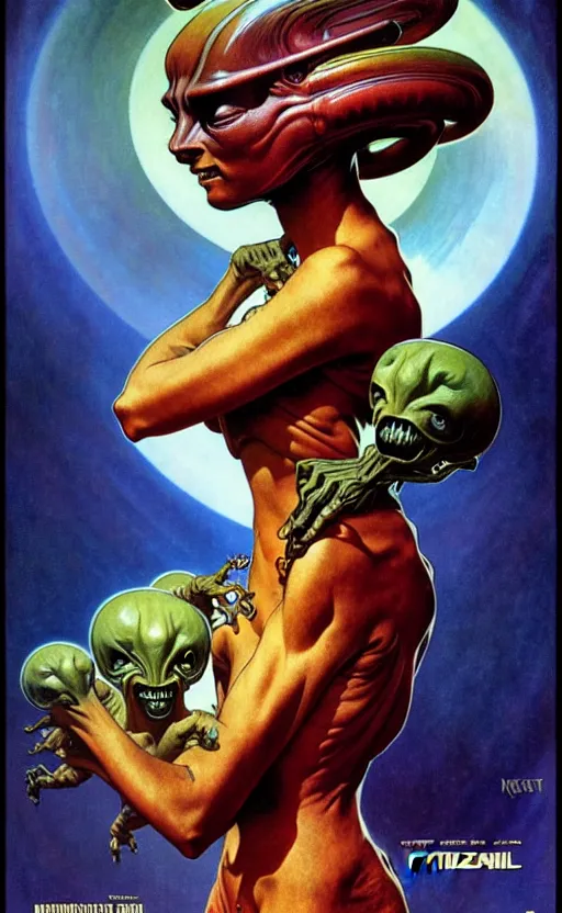 Image similar to exquisite imaginative alien creature poster art, humanoid, music poster, movie art, by frank frazetta, alphonso mucha, norman rockwell 8 k, denoised