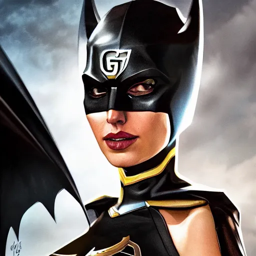 Prompt: a potrait of Gal Gadot as Batgirl with Batman v Superman style suit by Greg Rutkowski, Sung Choi, Mitchell Mohrhauser, Maciej Kuciara, Johnson Ting, Maxim Verehin, Peter Konig, 8k photorealistic, cinematic lighting, HD, high details, dramatic, trending on artstation, full body shot