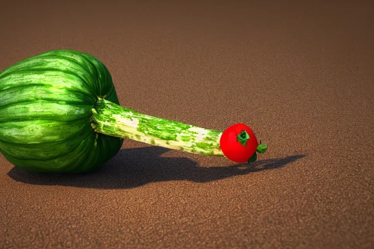 Prompt: detailed 3 d render of a mad zucchini with a long sword running down a dirt road chasing after a panicking tomato, hyper realistic octane render, dramatic lighting, high speed chase, wide angle, nightmare, surrealism