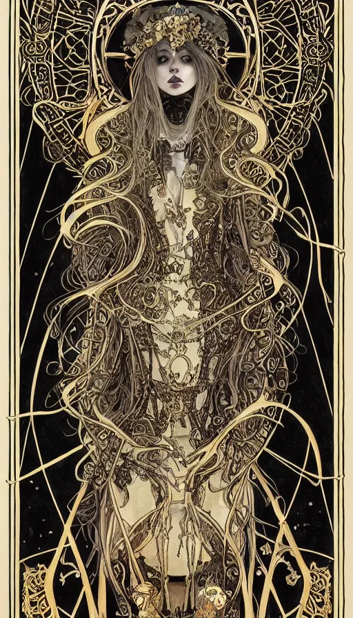 Image similar to a skeleton in a black cloak, highly detailed, very intricate, art nouveau, gold filigree, left right symmetry, tarot concept art watercolor illustration by mandy jurgens and alphonse mucha and alena aenami, featured on artstation