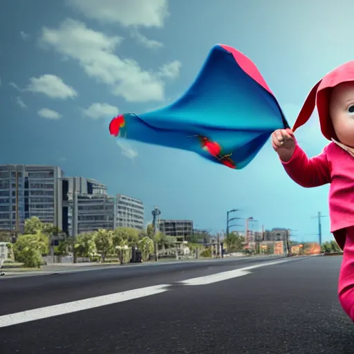 Image similar to baby with cape flying above the street, photorealistic