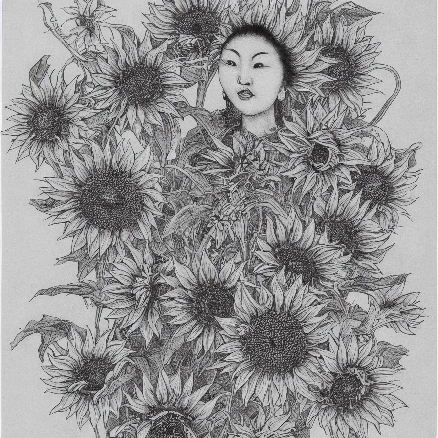 Prompt: chinese female sunflower deity gray face long vine helianthus flowers detailed drawing