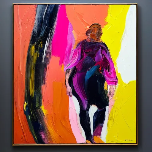 Prompt: _ in _ these _ paintings _ we _ see _ a _ big and tall _ woman _ who _ seem _ to _ be _ walking _ in _ circles in a busy void space, 4 k, in the style of ben quilty, hyper realism, minimal pink palette, medium shot, oil paint with thick brushstrokes of paint, impasto, detailed,