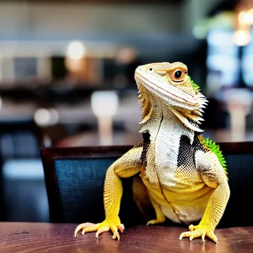 Prompt: a bearded dragon standing up, wearing a suit and tie in a restaurant.