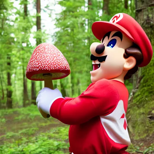 Image similar to real life photo of Super Mario sniffing a big red and white mushroom he just discovered in the woods, unable to hold back eating it with extreme glee, 4K photography