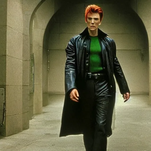 Image similar to David Bowie starring as Neo in The Matrix, green Matrix effect, leather trench coat, cinematic portrait