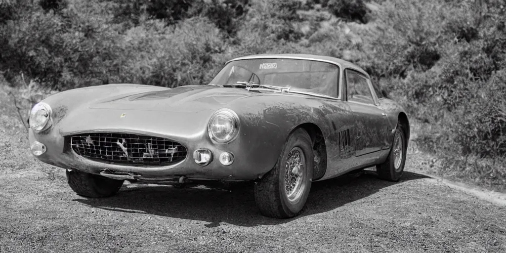 Image similar to photograph, 1958 FERRARI 250 GT, by Peter Singhof, press release, cinematic, malibu canyon, 8k, depth of field, bokeh. rule of thirds