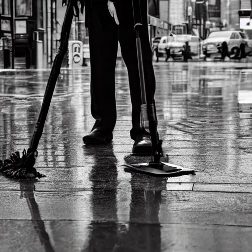Prompt: closeup portrait of a cleaner with a mop a rainy new york street, photography
