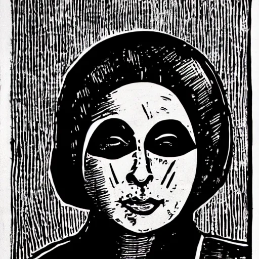 Prompt: queen elizabeth as masked thief, lino print