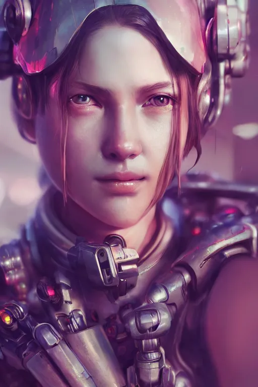 Image similar to beautiful close - up portrait of a cyborg mercenary girl, art by wlop, liam wong, cyberpunk, neon, combat armor, head and shoulders, intricate details, trending on artstation, sharp focus, caustics, octane render, radiant light, 4 k