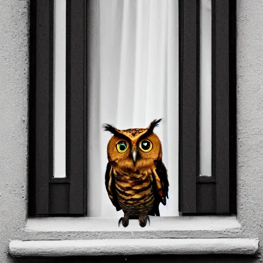 Prompt: a photo of the Duolingo owl peering into a window of a house on a dark and stormy night