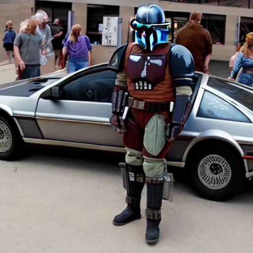 Image similar to the ( mandalorian ) standing next to a delorean