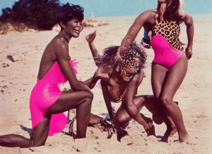 Image similar to polaroid eartha kitt in a leopard swimsuit and marsha p johnson in a pink swimsuit laughing together on a beach