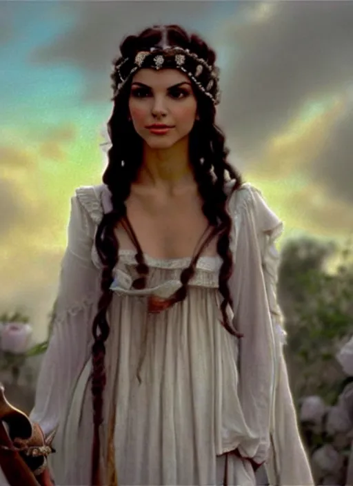 Image similar to film still from an Italian historical Western film of a Victoria Justice as the goddess of white roses . ultra detailed painting at 16K resolution and amazingly epic visuals. epically beautiful image. amazing effect, image looks gorgeously crisp as far as it's visual fidelity goes, absolutely outstanding. vivid clarity. ultra. iridescent. mind-breaking. mega-beautiful pencil shadowing. beautiful face. Ultra High Definition. godly shading. amazingly crisp sharpness. photorealistic film cel processed twice..