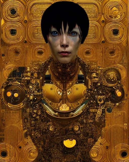 Image similar to Golden Portrait of a Cyborg from Ghost in the shell by Gustav Klimt, cyberpunk noir, baroque elements, intricate artwork by caravaggio, aesthetic, intricate, highly detailed, masterpiece