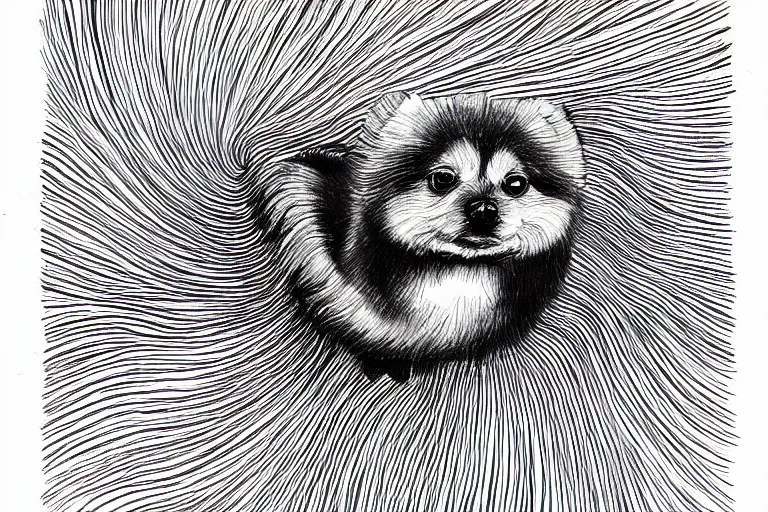 Prompt: pomeranian looking into a giant swirling black hole, black and white, botanical illustration, black ink on white paper, bold lines