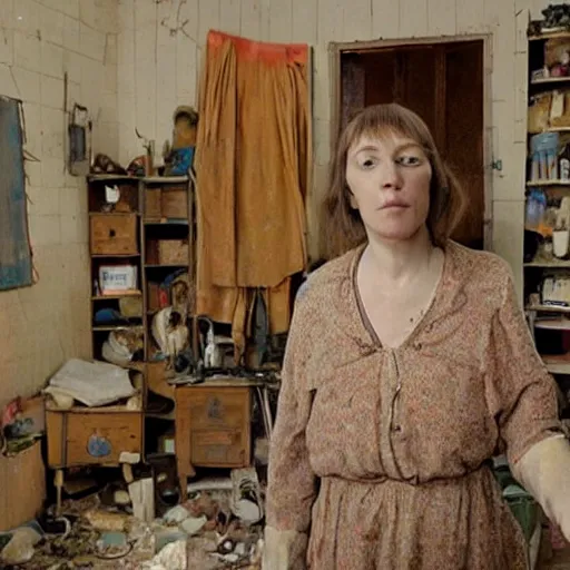 Image similar to a woman with adhd - ip stands in her messy house. folk horror. detailed.