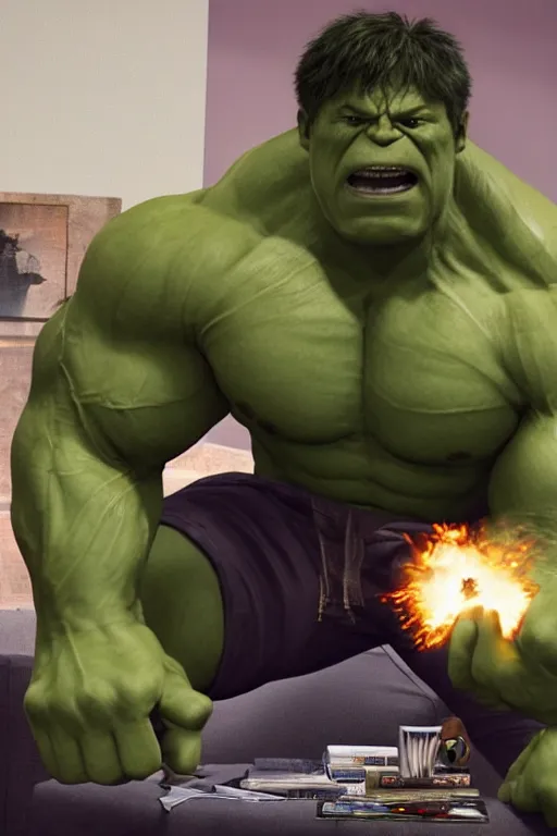 Image similar to Film Still of Hulk on the couch playing Xbox in the new Avengers movie oil on canvas, intricate, portrait, 8k highly professionally detailed, HDR, CGsociety