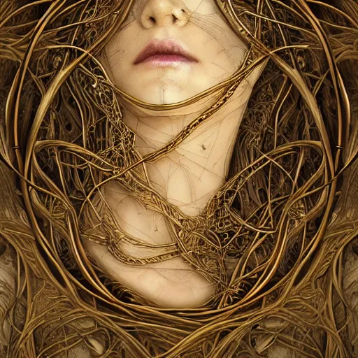 Prompt: human portrait, ethereal, face, crystal, intrincate, cgsociety, devianart, ornate, maximalist, fine art, golden details, carved, tarot card enviroment, rococo, baroco, fractal backgroud, wrapped in vines and wires