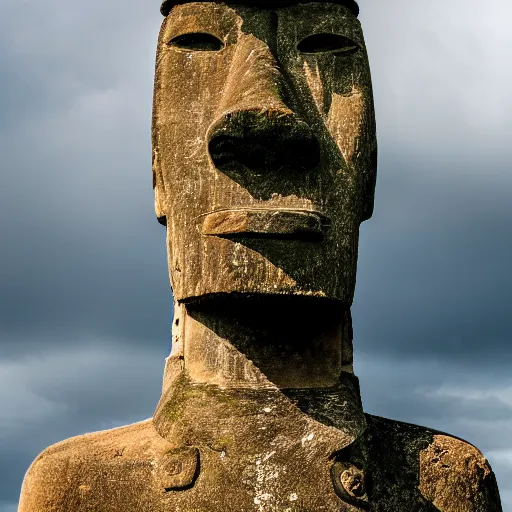 Image similar to a high detail photo of a moai wearing headphones