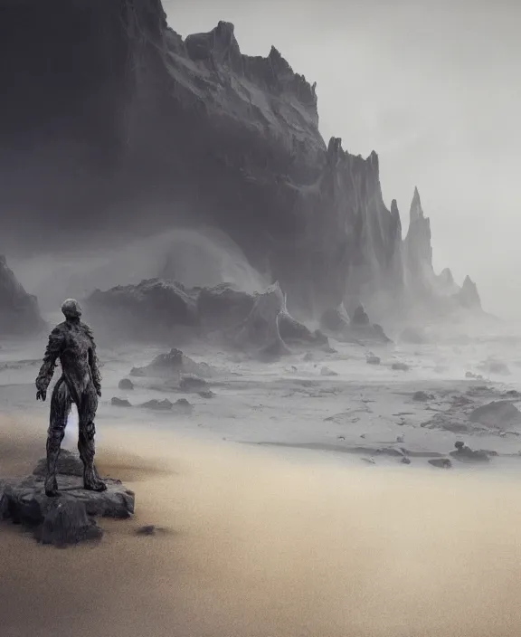 Image similar to surreal epic, masterpiece, romantic prometheus horizontal white exploration base, ochre ancient palette, building architecture by ruan jia, futuristic, blame, white architecture in the beach in iceland, foggy, highly detailed, digital painting, arstation, concept art, hyperealistic octane render, unreal engine