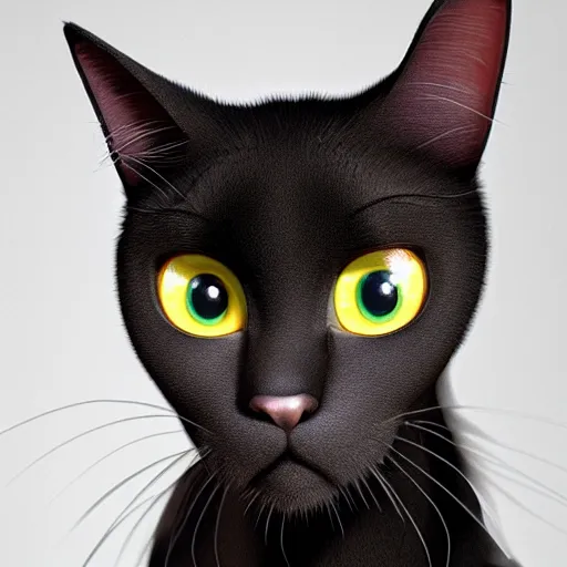 Image similar to black bombay cat, sad, animated, pixar studio, dreamworks, hyper realistic, detailed