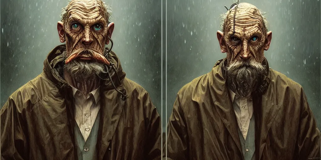 Image similar to ( ( ( ( lovecraftian innsmouth dweller ) ) ) ) dressed in raincoat, mutant fishman, old male, old sailor, masculine, upper body, highly detailed, digital painting, artstation, concept art, matte, sharp focus, illustration, art by artgerm and greg rutkowski and alphonse mucha