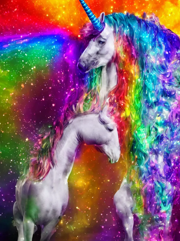 Prompt: a rainbow beat boxing unicorn on stage
