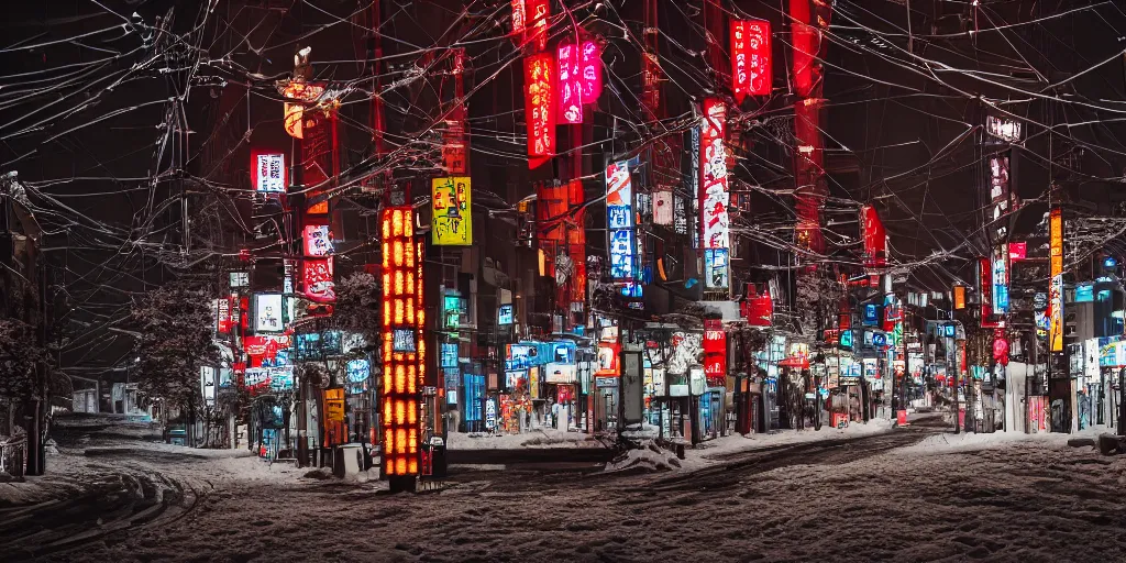 Image similar to a city street at night, snowing, photograph, cyberpunk, sharp focus, intricate detail, drone shot, high resolution, 8k, neon streetlights, wires hanging down everywhere, Japan, colourful, Shrine in centre,