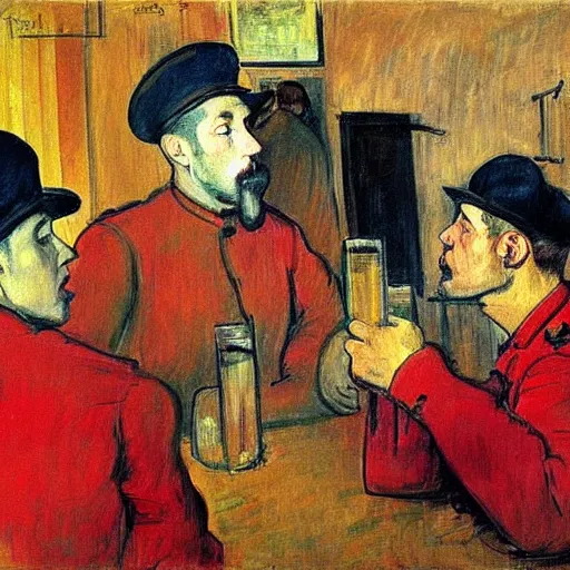 Image similar to modern red berets soldiers inside of a pub, painting by toulouse - lautrec, by valentin serov tretiakov gallery, soldiers wearing tactical clothing, 2 1 st century, cinematic, award winning