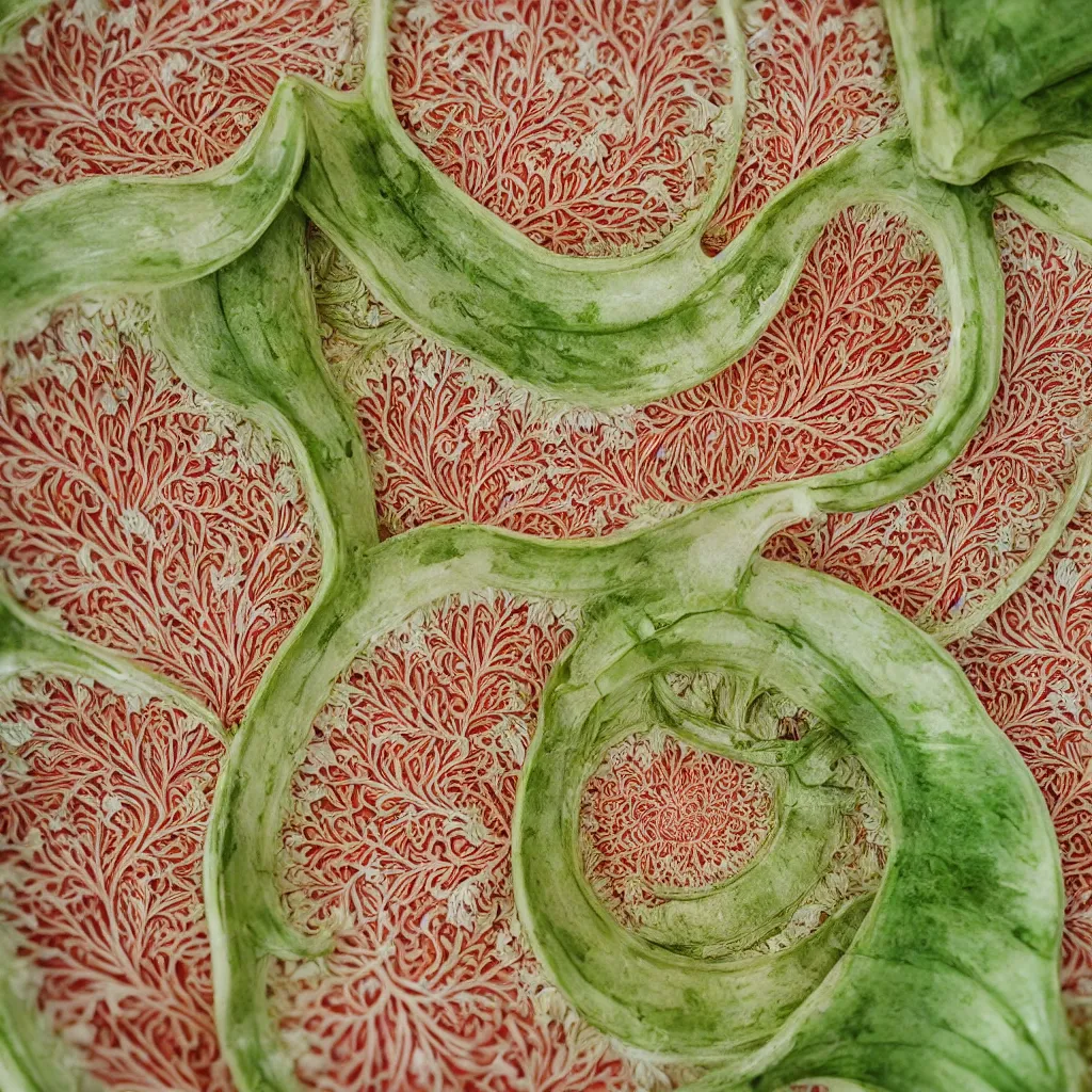 Prompt: circular fractal bananas that grow like coral, inside art nouveau embroidered plate with petal shape, big leaves and stems, roots. closeup, hyper real, food photography, high quality