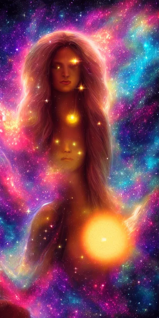 Prompt: celestial divine star goddess nuit made of nebulas, planets, honey, fantasy, highly detailed, masterpiece, digital painting, artstation, concept art, ultra - realistic, photo, nasa, mythology, tarot