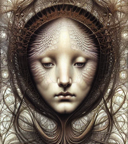 Prompt: detailed realistic beautiful anodized goddess face portrait by jean delville, gustave dore, iris van herpen and marco mazzoni, art forms of nature by ernst haeckel, art nouveau, symbolist, visionary, gothic, neo - gothic, pre - raphaelite, fractal lace, intricate alien botanicals, biodiversity, surreality, hyperdetailed ultrasharp octane render