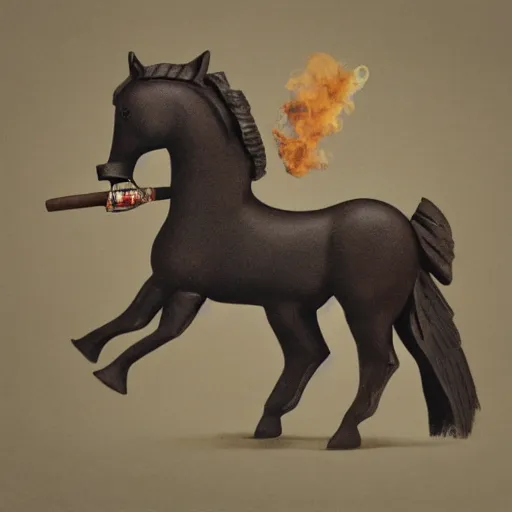 Image similar to an antropomorphic horse wearing a suit smoking a cigar