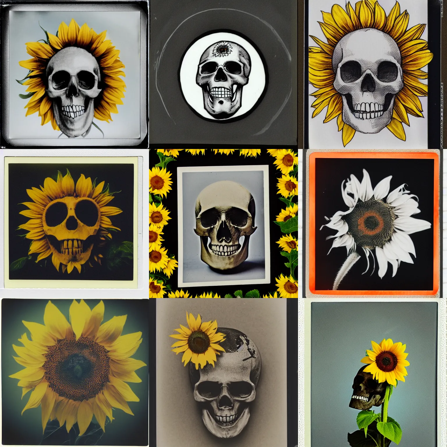 Prompt: a sunflower with a skull in the middle, polaroid photograph