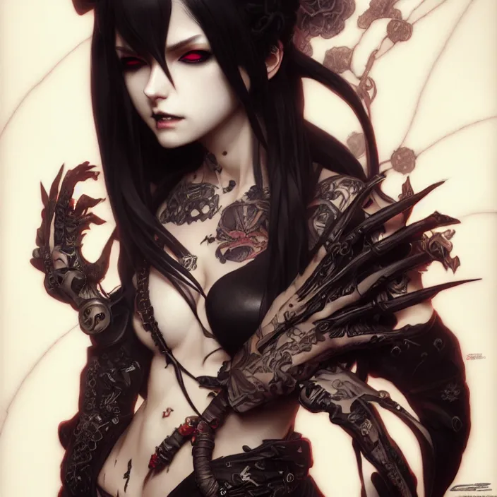 Image similar to anime female, fangs, goth, tattoos, leather, fantasy, intricate details, eerie, highly detailed, octane render, 8 k, art by artgerm and alphonse mucha and greg rutkowski