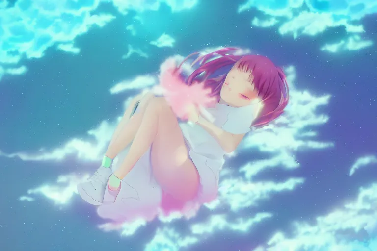 Image similar to a cute anime girl sleeping on a cloud, misty, glows, digital art, hazy, foggy, ambient lighting, 8 k, neon, synthwave,