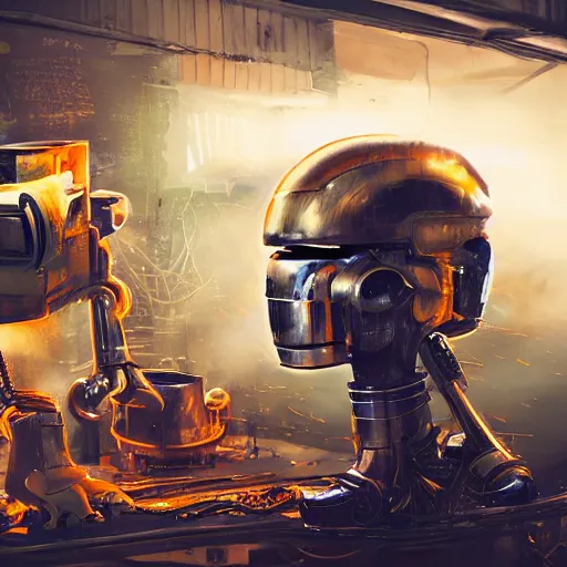 Image similar to toaster mecha head, dark messy smoke - filled cluttered workshop, dark, dramatic lighting, orange tint, sparks, cinematic, highly detailed, sci - fi, futuristic, movie still