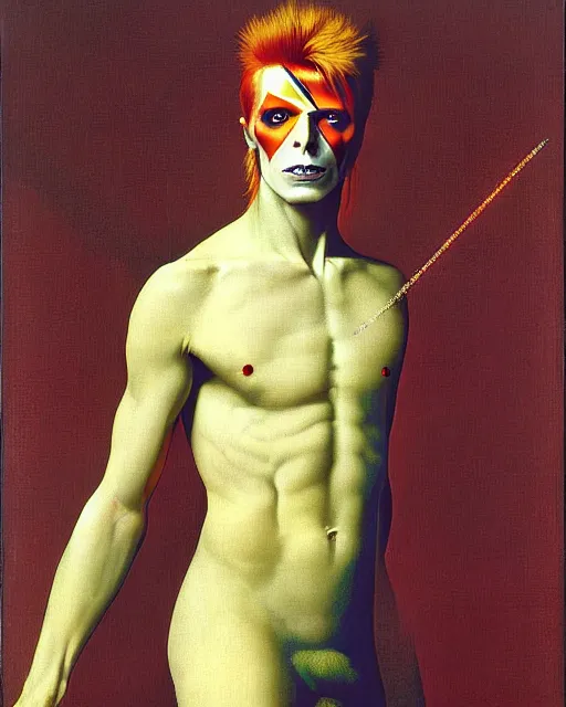 Image similar to david bowie as a ziggy stardust by jean auguste dominique ingres by thomas blackshear