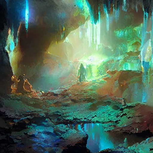 Image similar to a beautiful cave illuminated by shiny crystals of various colours, dark, by craig mullins