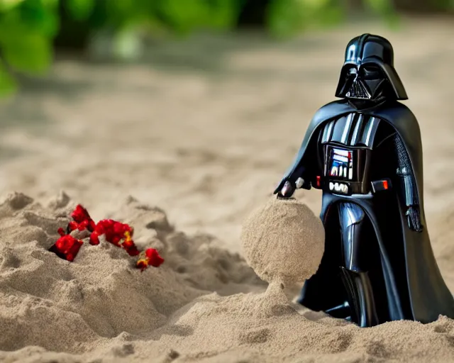 Image similar to 8 5 mm food photography of darth vader playing with toys near a garden with sand with dof and bokeh and flowers o